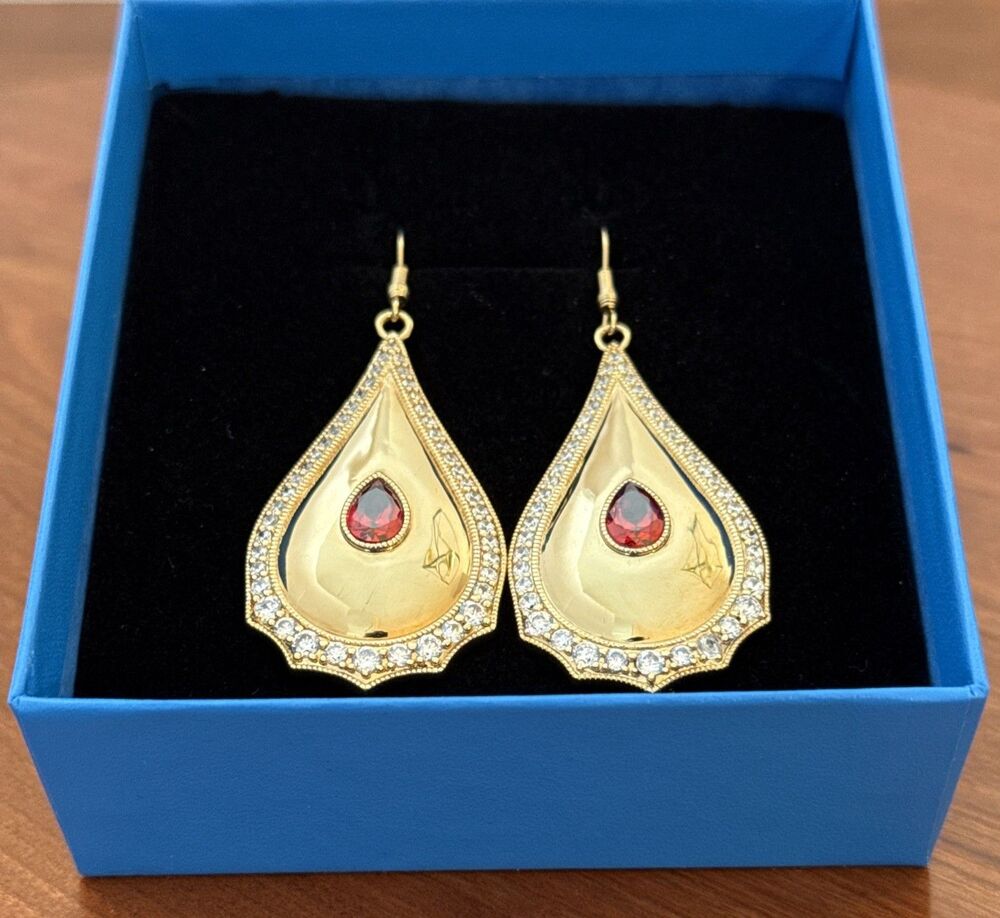 Bellezza Shiny Gold Tone Teardrop Earrings with Red & Clear Crystals